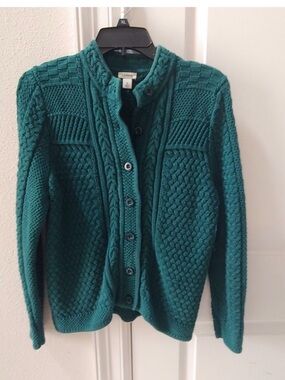 L.L. Bean Teal Cable-Knit Button-Front Cardigan